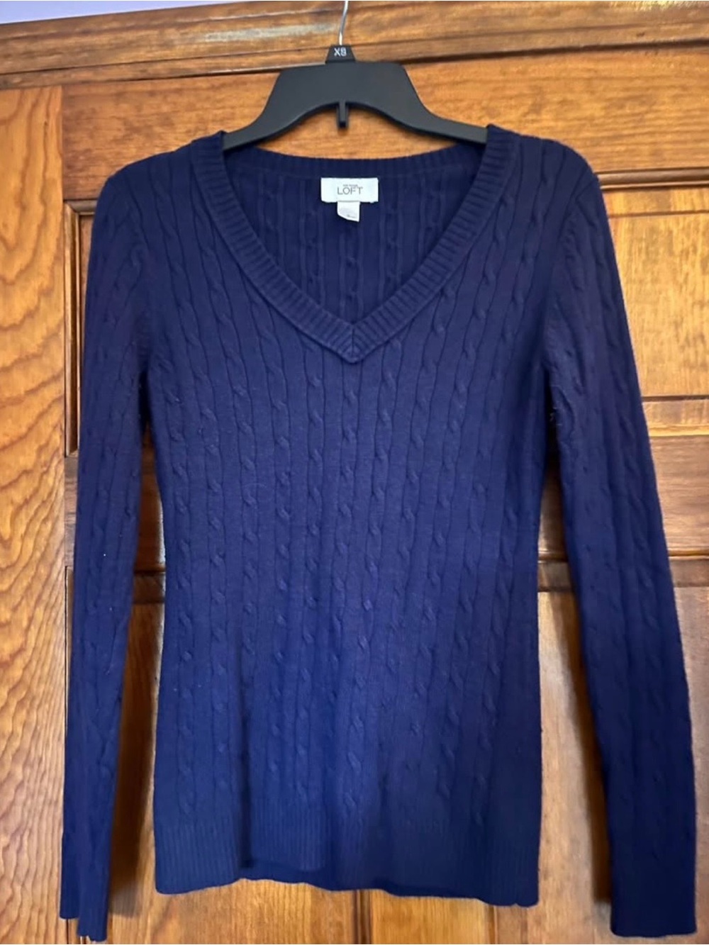 LOFT Navy Cable-Knit V-Neck Pullover